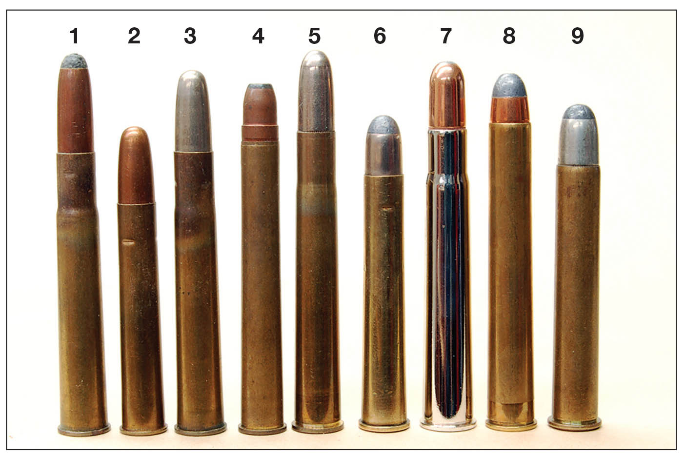 Early smokeless “medium bores” include the (1) .400/.350 Rigby, (2) .360 Nitro Express, (3) .400/.360 NE, (4) 9.3x72R, (5) 9.3x74R, (6) .375 (21⁄2) , (7) .375 H&H flanged, (8) .400 (3-inch) and the (9) .405 Winchester.